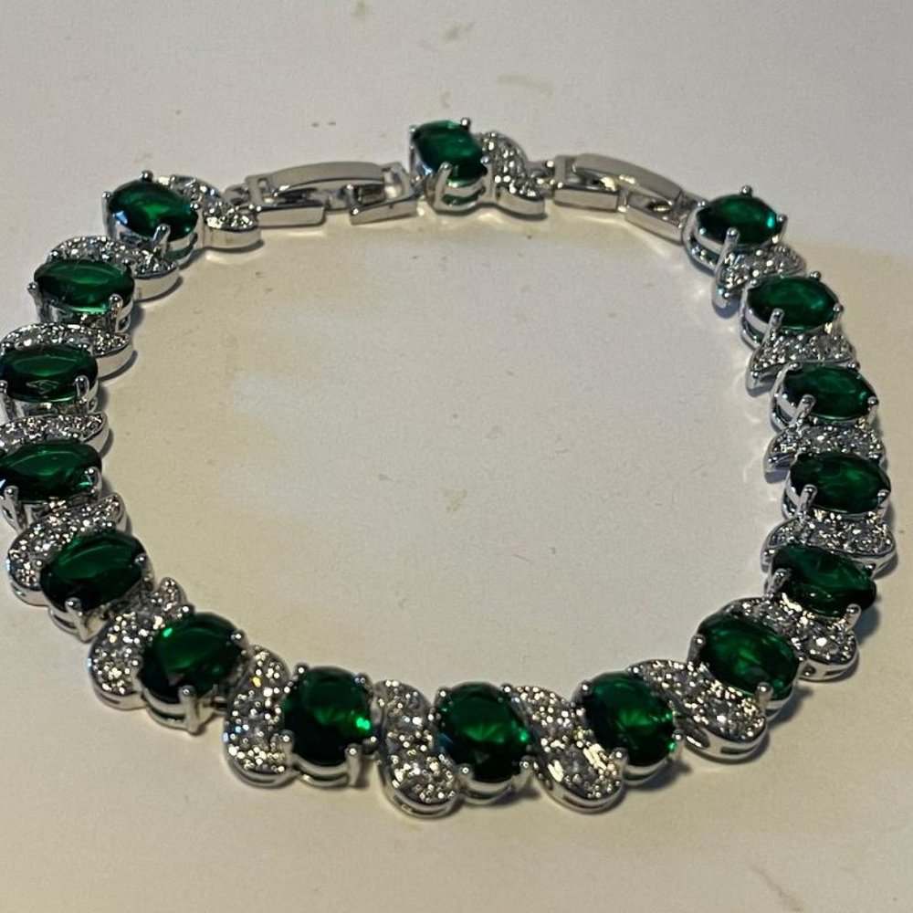 Green and CZ Crystal Tennis Bracelet NEW